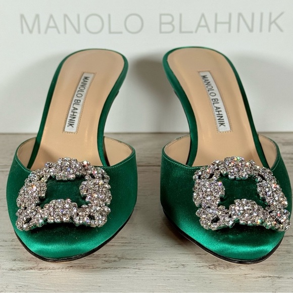 Manolo Blahnik Women's Size 36 Green Hangisimu Heeled Mules Satin 70MM NEW - Picture 3 of 16